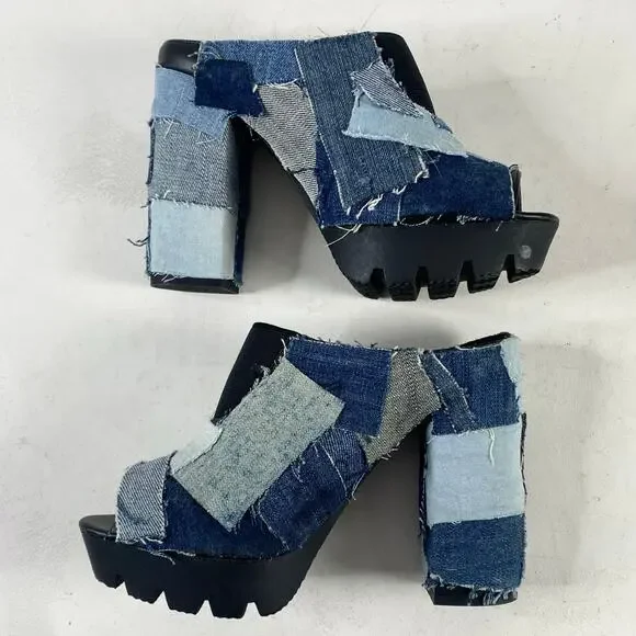 Retro Qupid Patchwork Denim Peep Toe Chunky Slip On Block Heel Mules Sz 7 - Picture 10 of 11
